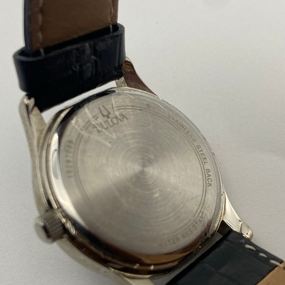 Elegant Bulova Silver Tone Watch with Black Leather Band Working New Battery - Picture 6 of 9